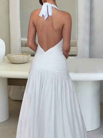 Plunging Neck Backless Ruched Split Thigh Halter Dress For Summer Vacation