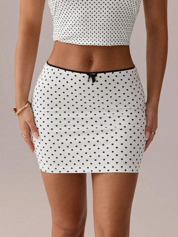 SXY Polka Dot Print Contrast Lace Bow Decor Low Waist Skirt