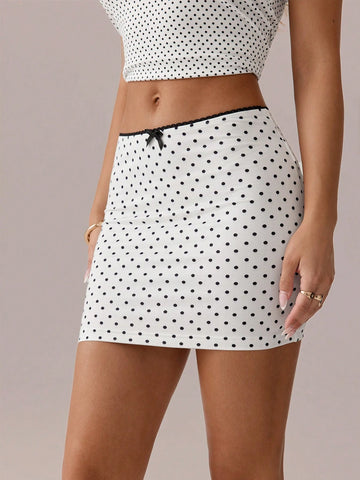 SXY Polka Dot Print Contrast Lace Bow Decor Low Waist Skirt