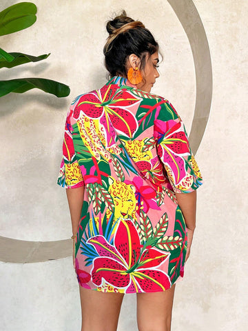 Resort Outfit: All-Over Print Kimono With Drop Shoulders And Front Tie Shorts