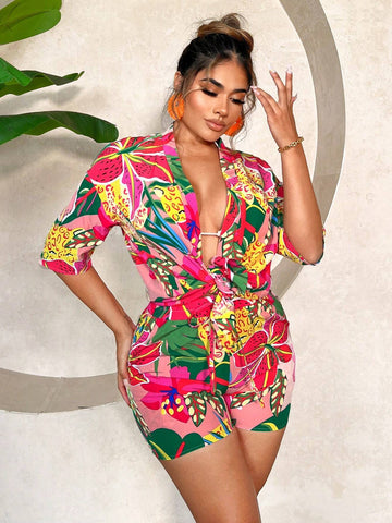 Resort Outfit: All-Over Print Kimono With Drop Shoulders And Front Tie Shorts