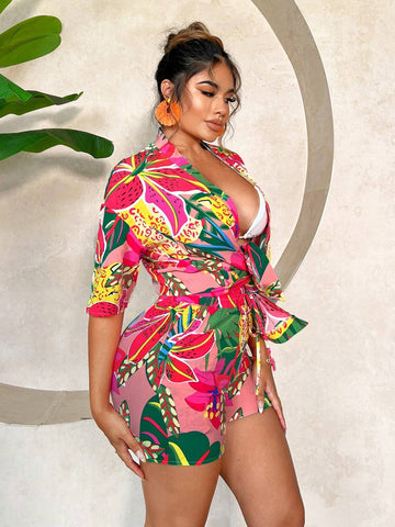 Resort Outfit: All-Over Print Kimono With Drop Shoulders And Front Tie Shorts