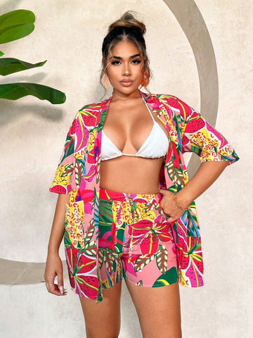 Resort Outfit: All-Over Print Kimono With Drop Shoulders And Front Tie Shorts