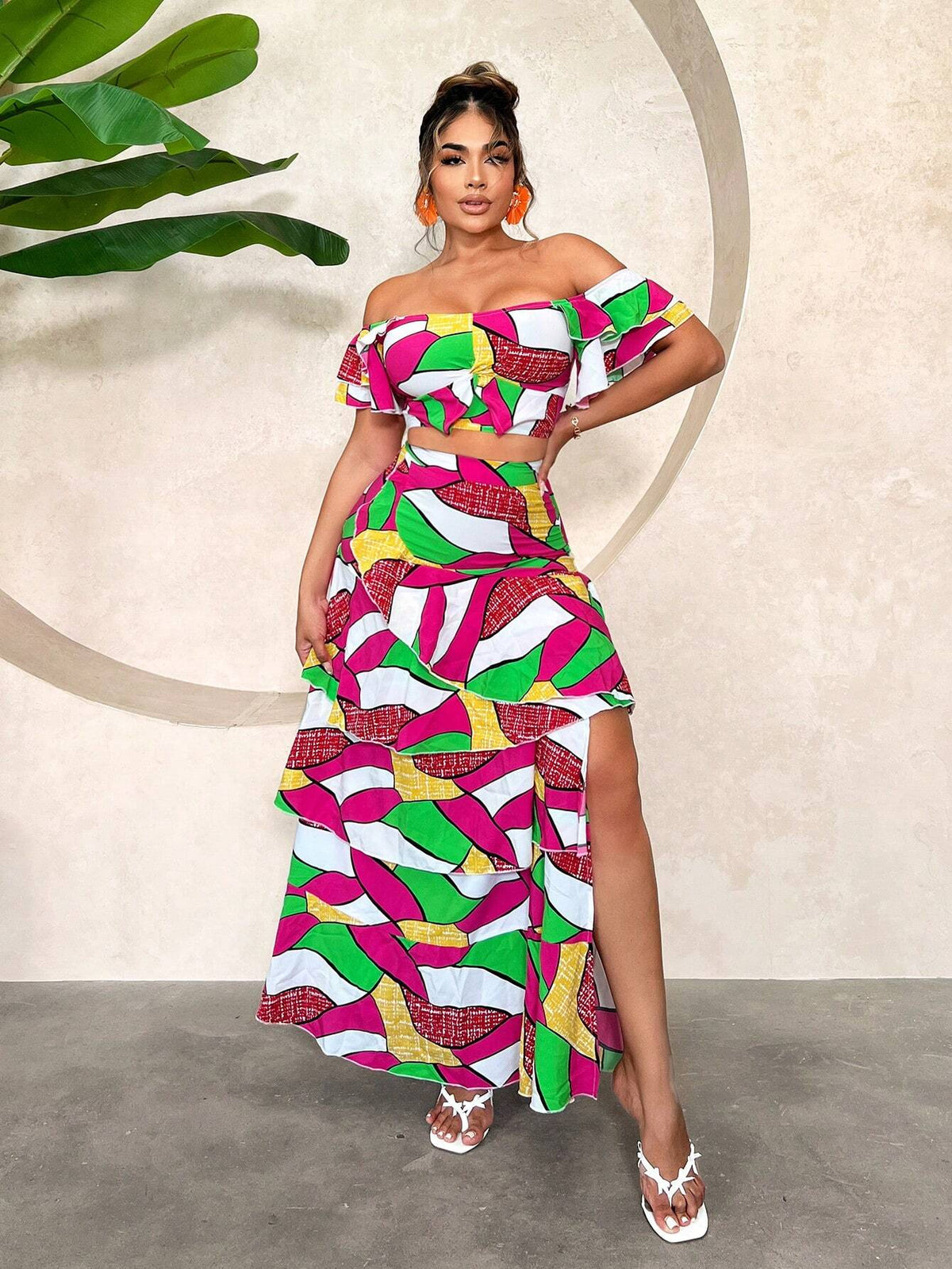 Resort Set: Colorful Printed Beach Holiday Cake Skirt 2 Pieces Set