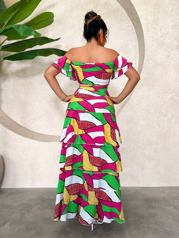 Resort Set: Colorful Printed Beach Holiday Cake Skirt 2 Pieces Set