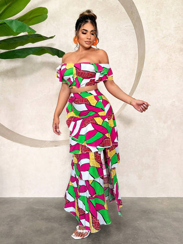 Resort Set: Colorful Printed Beach Holiday Cake Skirt 2 Pieces Set