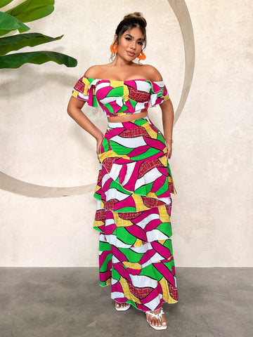 Resort Set: Colorful Printed Beach Holiday Cake Skirt 2 Pieces Set