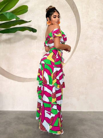 Resort Set: Colorful Printed Beach Holiday Cake Skirt 2 Pieces Set