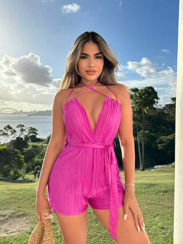Resort Wear Beach Vacation Outfits Vacation Outfits Vacation Clothes For Women Summer Clothes For Women Bohemian Style Beach Sexy V-Neck Halter Romper For Vacation Plisse Playsuit