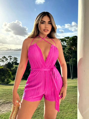 Resort Wear Beach Vacation Outfits Vacation Outfits Vacation Clothes For Women Summer Clothes For Women Bohemian Style Beach Sexy V-Neck Halter Romper For Vacation Plisse Playsuit