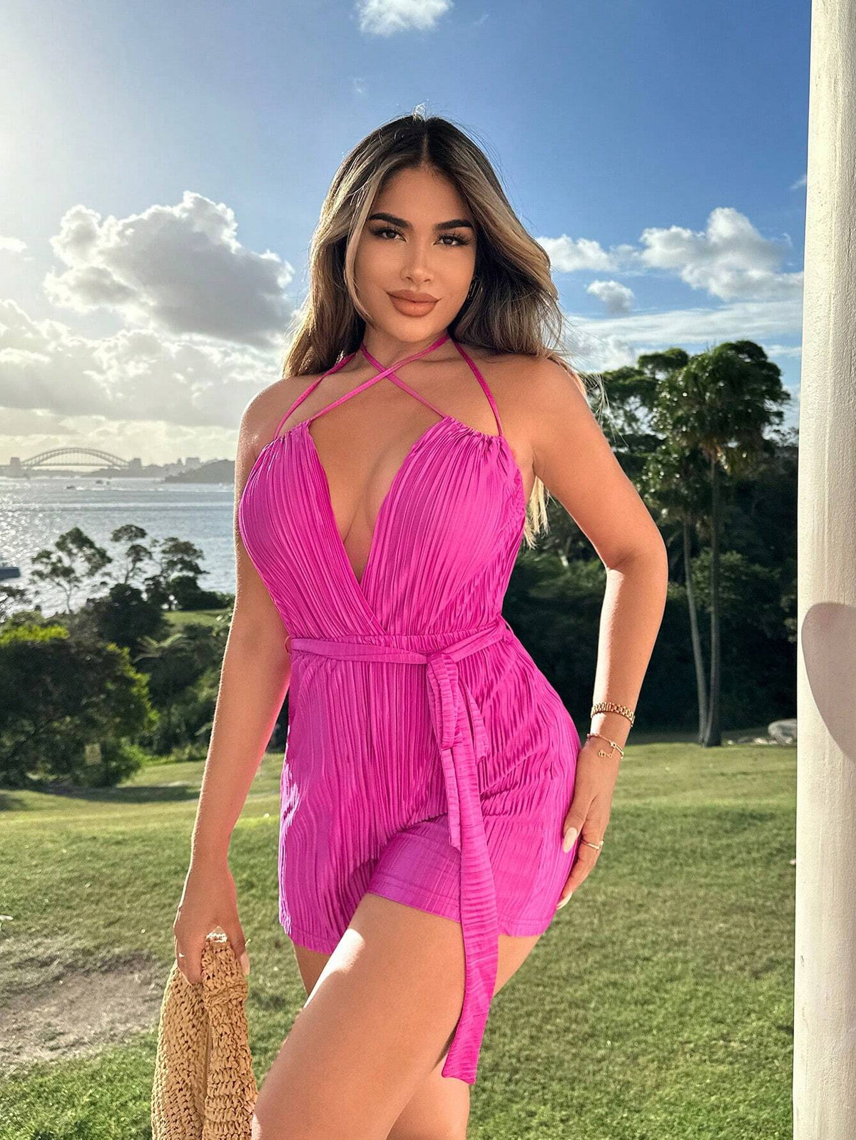 Resort Wear Beach Vacation Outfits Vacation Outfits Vacation Clothes For Women Summer Clothes For Women Bohemian Style Beach Sexy V-Neck Halter Romper For Vacation Plisse Playsuit