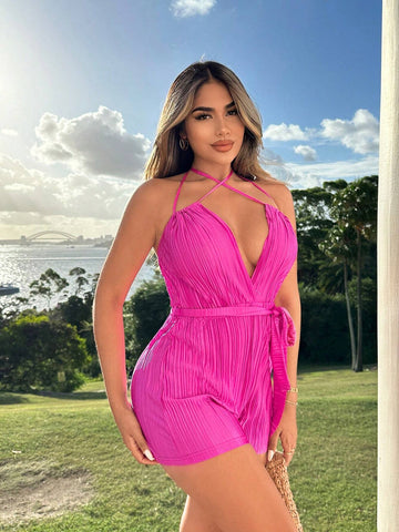 Resort Wear Beach Vacation Outfits Vacation Outfits Vacation Clothes For Women Summer Clothes For Women Bohemian Style Beach Sexy V-Neck Halter Romper For Vacation Plisse Playsuit