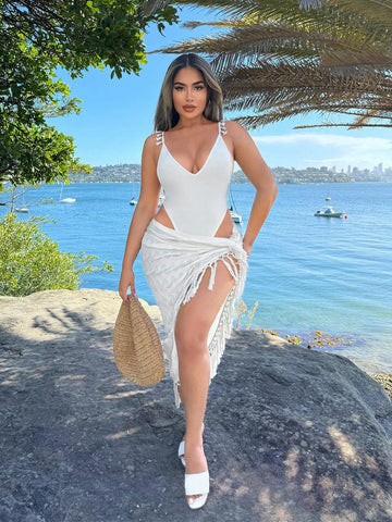 Resort Wear Beach Vacation Outfits Vacation Outfits Vacation Clothes For Women Summer Clothes For Women White Bohemian Style Beach Holiday V-Neck Bodysuit With Tassel Trim For Summer