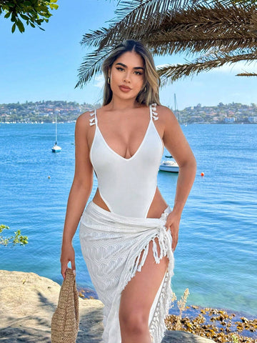 Resort Wear Beach Vacation Outfits Vacation Outfits Vacation Clothes For Women Summer Clothes For Women White Bohemian Style Beach Holiday V-Neck Bodysuit With Tassel Trim For Summer