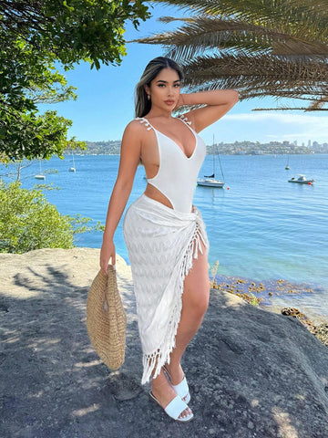 Resort Wear Beach Vacation Outfits Vacation Outfits Vacation Clothes For Women Summer Clothes For Women White Bohemian Style Beach Holiday V-Neck Bodysuit With Tassel Trim For Summer