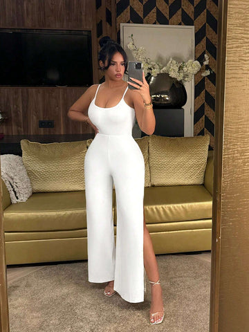 Resort Wear Beach Women's Strapless Backless High Slit Wide Leg Jumpsuit With Tied Straps