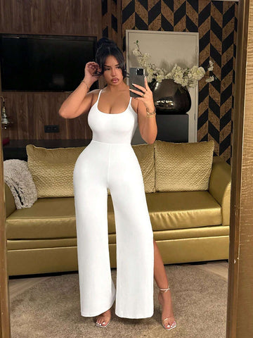 Resort Wear Beach Women's Strapless Backless High Slit Wide Leg Jumpsuit With Tied Straps