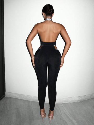 Rhinestone Decor Net Yarn Draped Collar Halter Backless Bodycon Jumpsuit