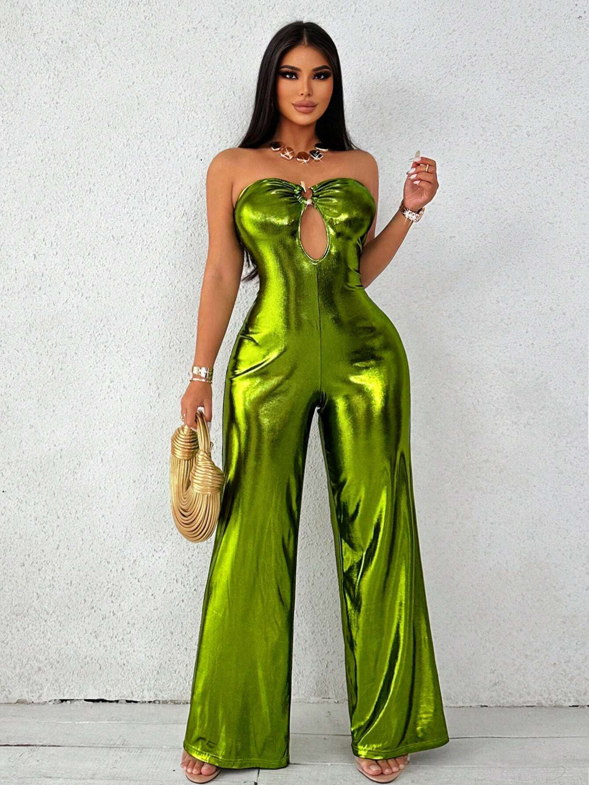 Ring Metallic Effect Tube Wide Leg Jumpsuit