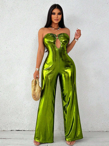 Ring Metallic Effect Tube Wide Leg Jumpsuit