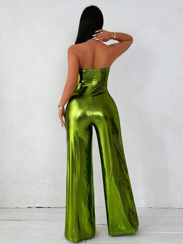 Ring Metallic Effect Tube Wide Leg Jumpsuit