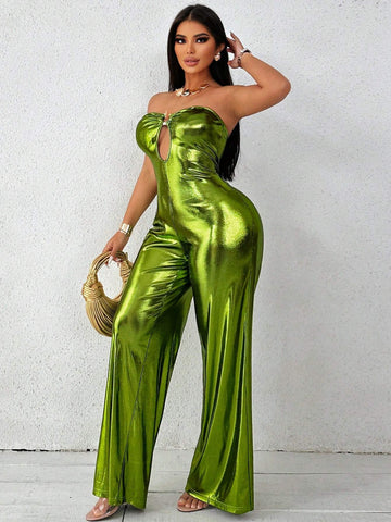 Ring Metallic Effect Tube Wide Leg Jumpsuit
