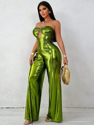Ring Metallic Effect Tube Wide Leg Jumpsuit