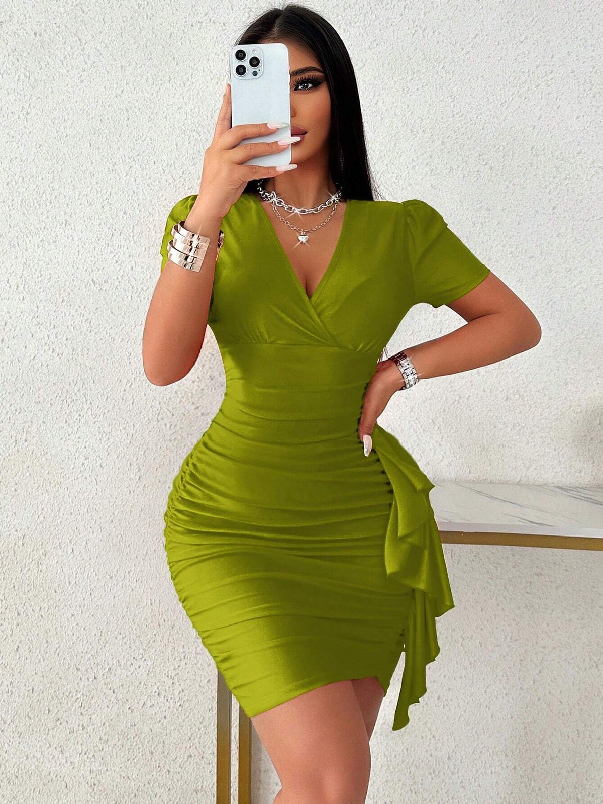 Ruched Ruffle Trim Christmas Red Dress Sexy Outfit Ribbon Deep V Neck