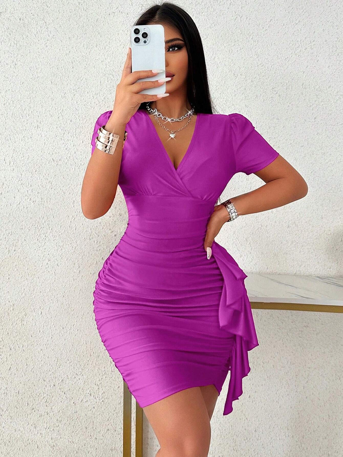 Ruched Ruffle Trim Christmas Red Dress Sexy Outfit Ribbon Deep V Neck