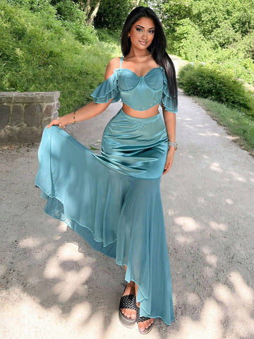 Ruffle Sleeve Top And A-Line Skirt Set