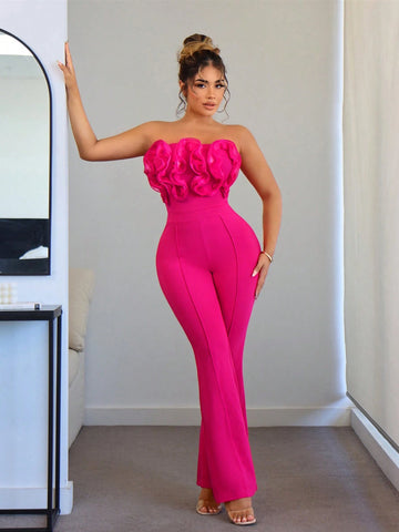 Ruffle Trim Flare Leg Tube Jumpsuit