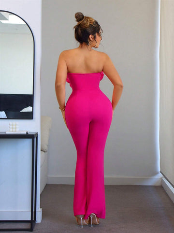 Ruffle Trim Flare Leg Tube Jumpsuit