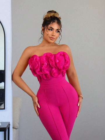 Ruffle Trim Flare Leg Tube Jumpsuit