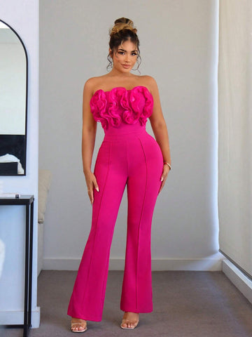 Ruffle Trim Flare Leg Tube Jumpsuit