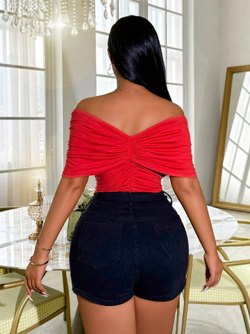 Women Summer Outfits Plunge Neckline Solid Color Playsuit With Ruched