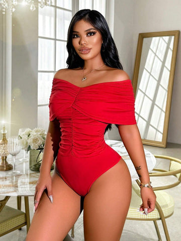 Women Summer Outfits Plunge Neckline Solid Color Playsuit With Ruched