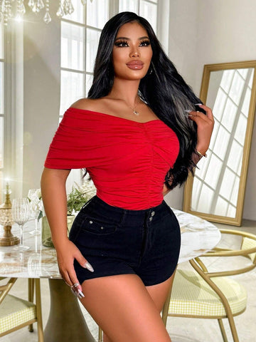 Women Summer Outfits Plunge Neckline Solid Color Playsuit With Ruched