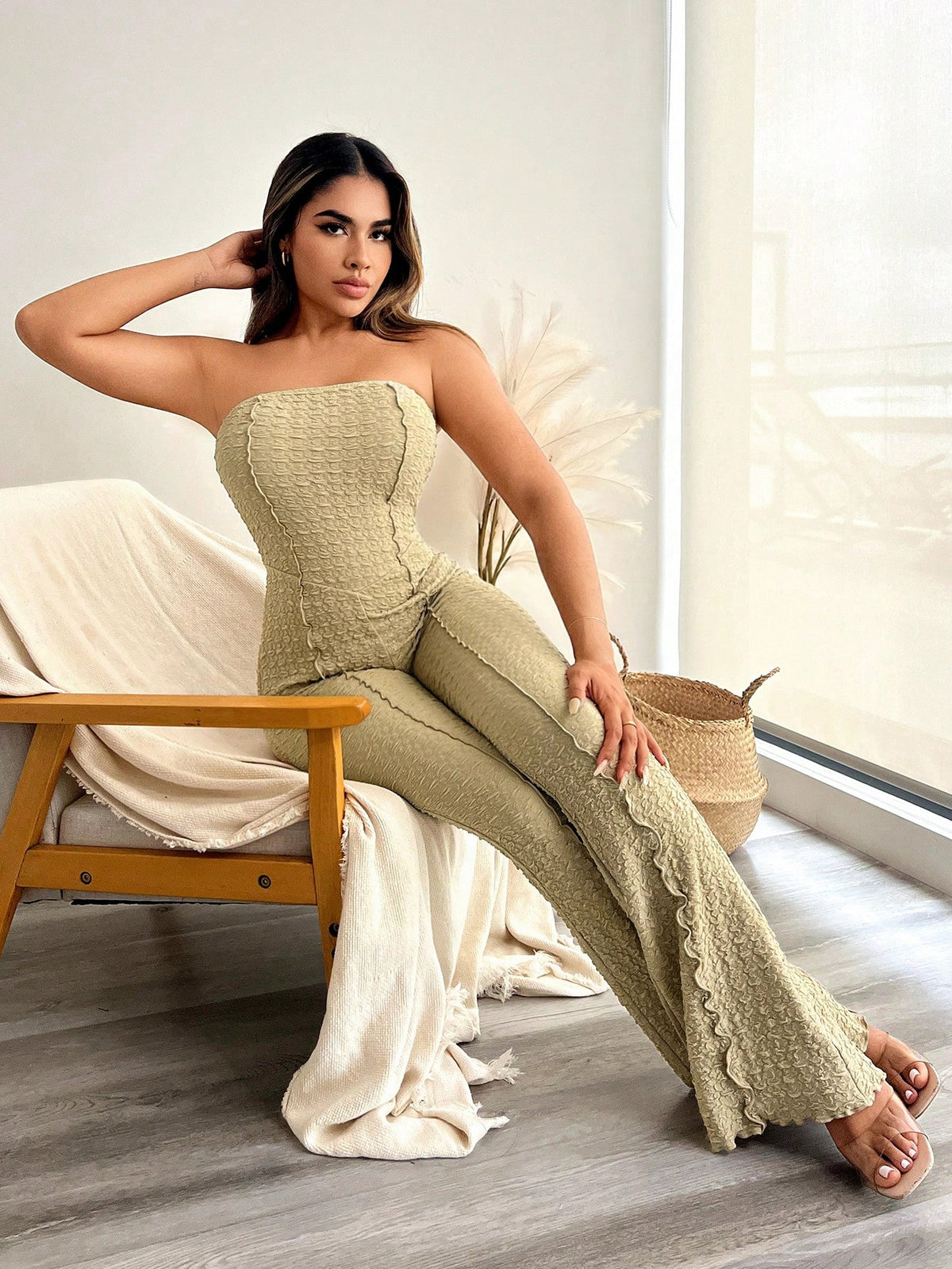 Seamed Texture Strapless Flared Jumpsuit With Fringe Detail