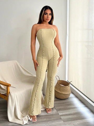 Seamed Texture Strapless Flared Jumpsuit With Fringe Detail