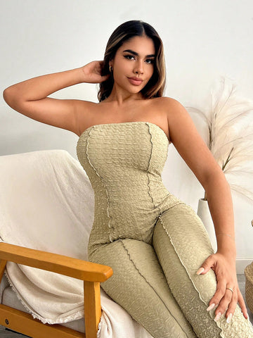 Seamed Texture Strapless Flared Jumpsuit With Fringe Detail
