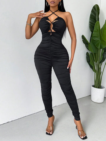 Sexy Black Jumpsuit With Cut-Out Cross Strap