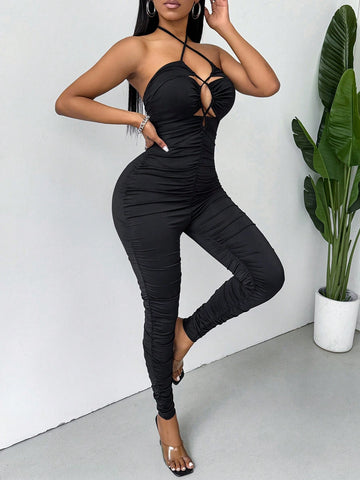 Sexy Black Jumpsuit With Cut-Out Cross Strap