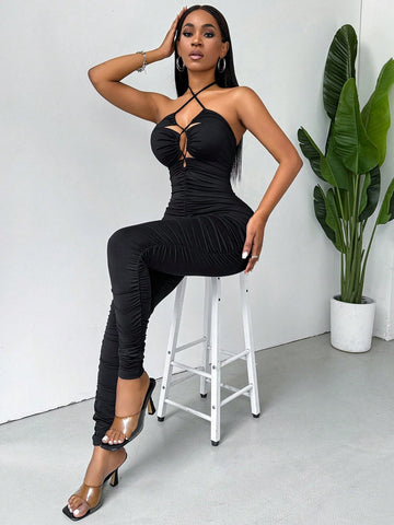 Sexy Black Jumpsuit With Cut-Out Cross Strap