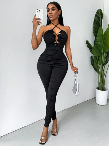 Sexy Black Jumpsuit With Cut-Out Cross Strap