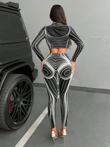 Sexy Bodycon Thermal Printed T-Shirt And Leggings Set For Clubwear