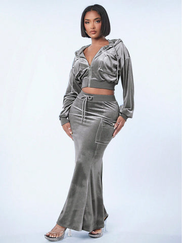 Sexy Clothing Club New Year Women'S Velvet Workwear Hooded Top & Casual Winter Long Two Piece Set