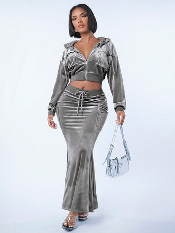Sexy Clothing Club New Year Women'S Velvet Workwear Hooded Top & Casual Winter Long Two Piece Set