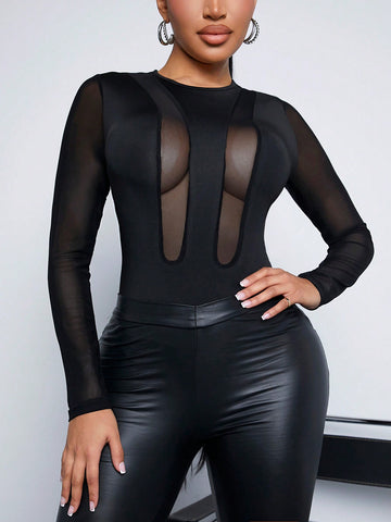 Sexy Clothing Club Valentine'S Day Mesh Splicing Slim Casual Women'S Bodysuit