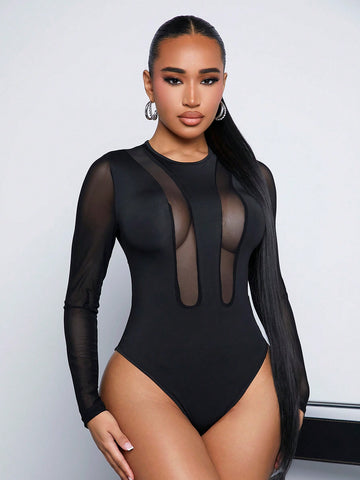 Sexy Clothing Club Valentine'S Day Mesh Splicing Slim Casual Women'S Bodysuit