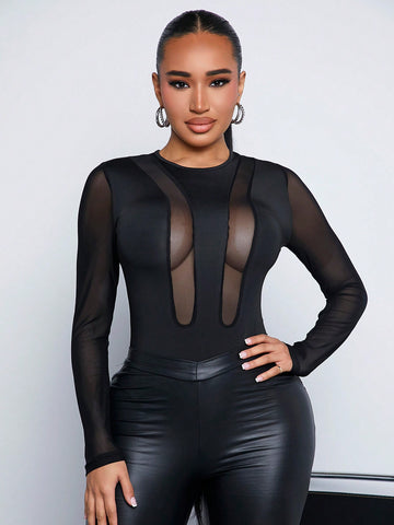 Sexy Clothing Club Valentine'S Day Mesh Splicing Slim Casual Women'S Bodysuit